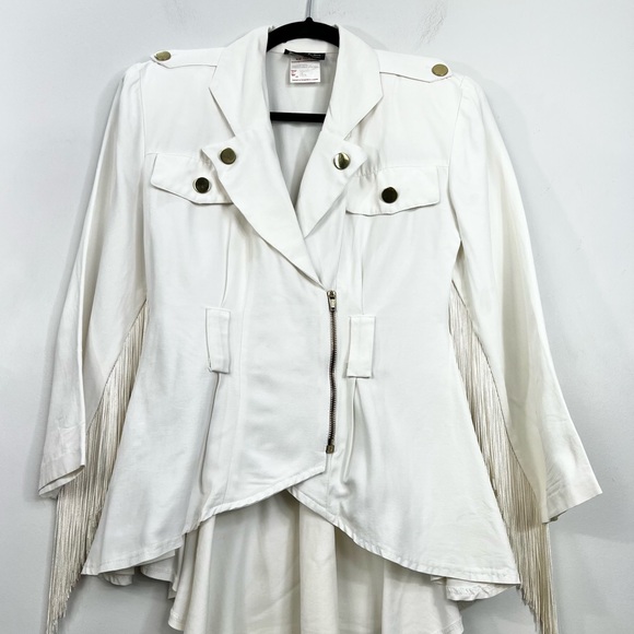 Vtg 80s 90s white power shoulder fringe sleeve military western peplum jacket 3 - Picture 7 of 17